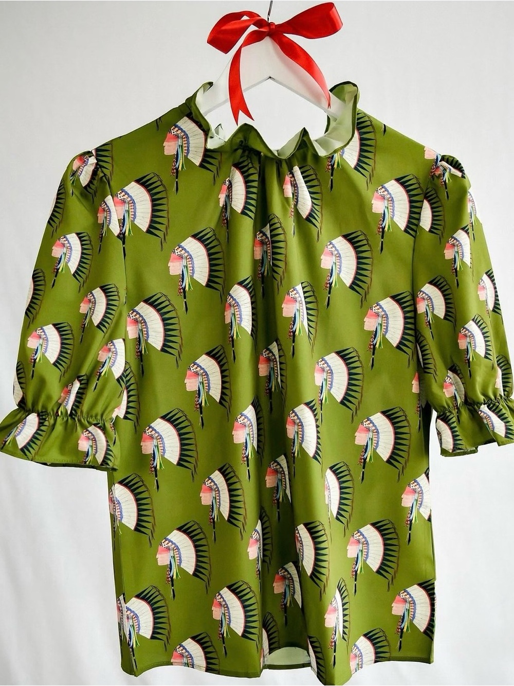 Lauren Good Day Olive Green Printed Ruffle-Neck short Sleeve Blouse